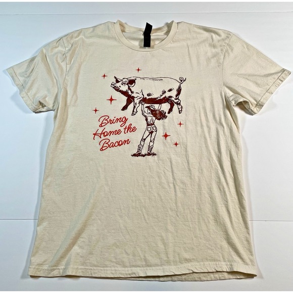 Gildan Other - Gildan T-Shirt Unisex Large Cream Bring Home the Bacon Graphic Cowgirl Pig Soft